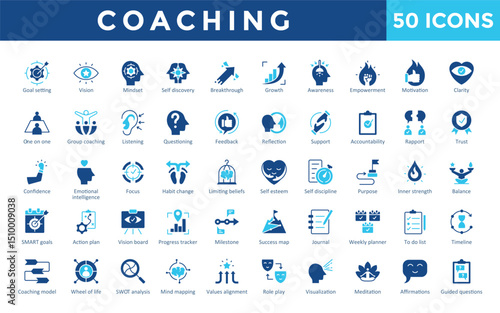 Coaching icons set with goal setting, vision, mindset, self discovery, breakthrough, growth, awareness, empowerment, motivation, clarity icon. Simple flat vector 
