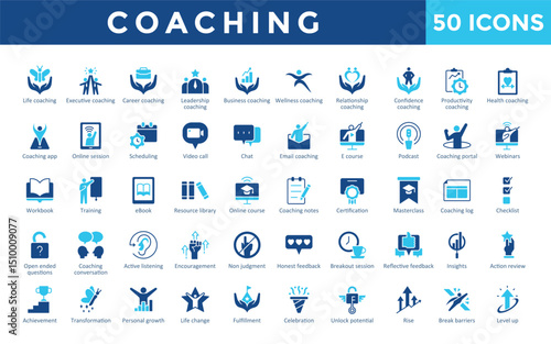 Coaching icons set with life, executive, career, leadership, wellness, business, confidence, relationship, productivity, health icon. Simple flat vector 
