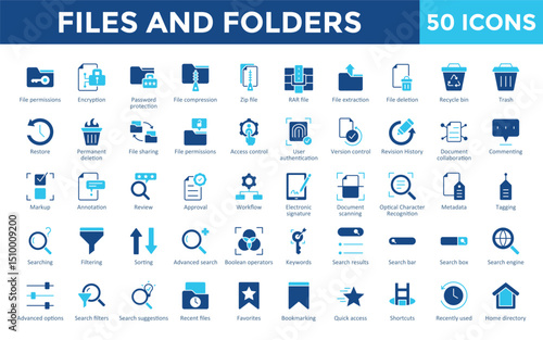 Files and Folders icons set with file permissions, encryption, password protection, file compression, zip file, rar file, file extraction, file deletion, recycle bin, trash icon. Simple flat vector 
