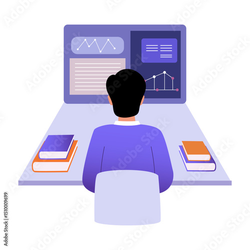 A flat style illustration showing a student doing online study