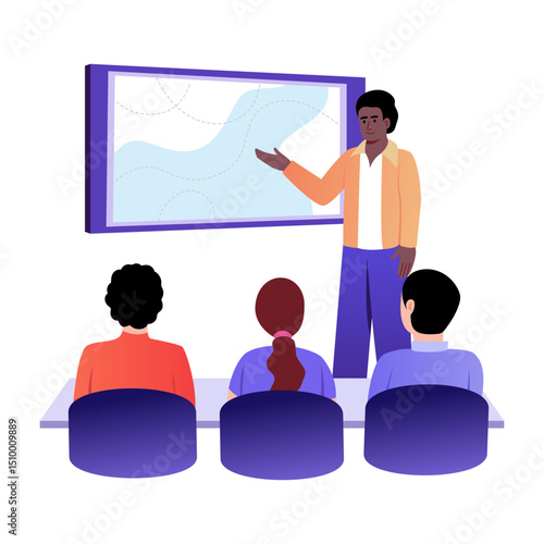 A flat style illustration showing a character giving presentation