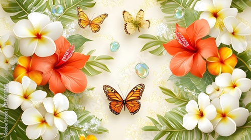 Vibrant Hibiscus Plumeria Flowers with Butterflies Tropical Floral Design