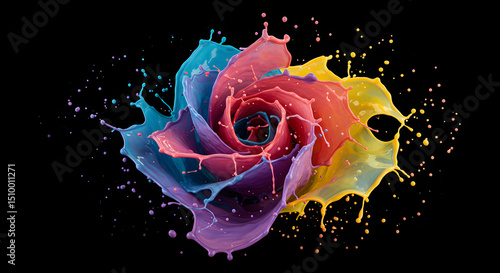 Kaleidoscopic Bloom Dynamic Paint Splash Against Noir Backdrop for Artistic Display