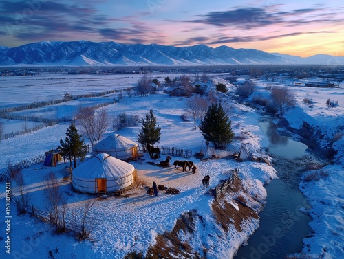 Yurt camp by frozen river with snowy mountains at sunset.