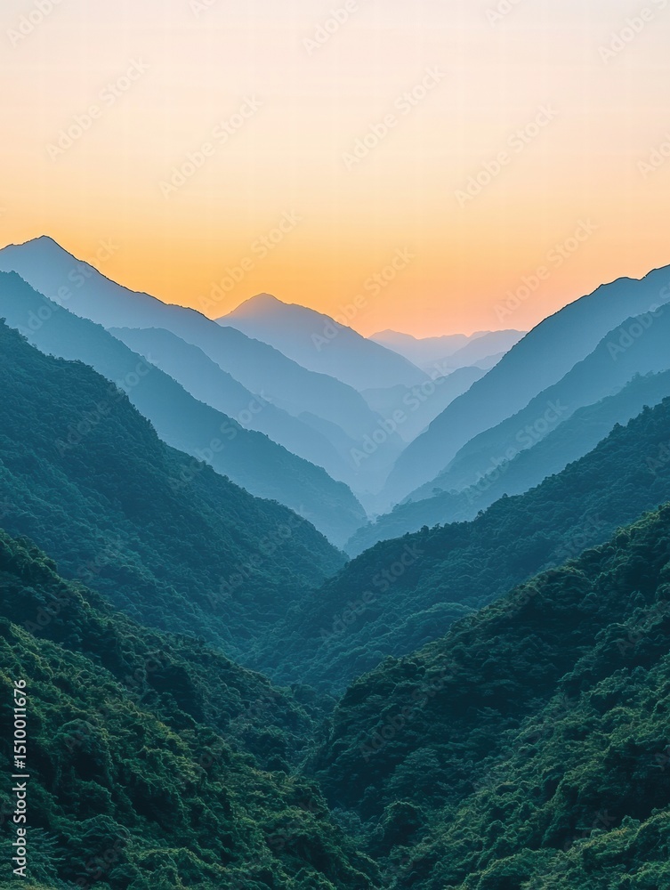 Fototapeta premium Green Mountains Under Sunrise Light with Objects in Nature