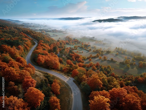 Autumn road through misty countryside with colorful trees.