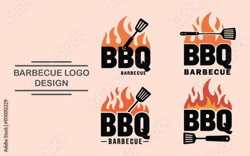 Four unique bbq logo designs with flames and spatula