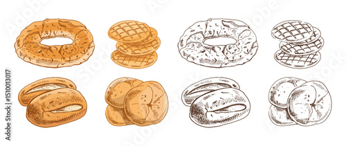 Hand drawn vintage sketch of bakery bread set in color and monochrome versions, isolated vector illustrations