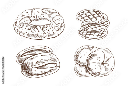 Hand drawn vintage sketch of assorted bakery bread in monochrome engraving style, isolated vector illustrations