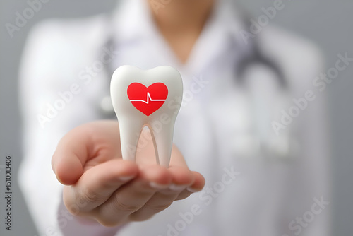 A doctor holds a tooth model with a heart and heartbeat symbol, representing dental and heart health connection.
