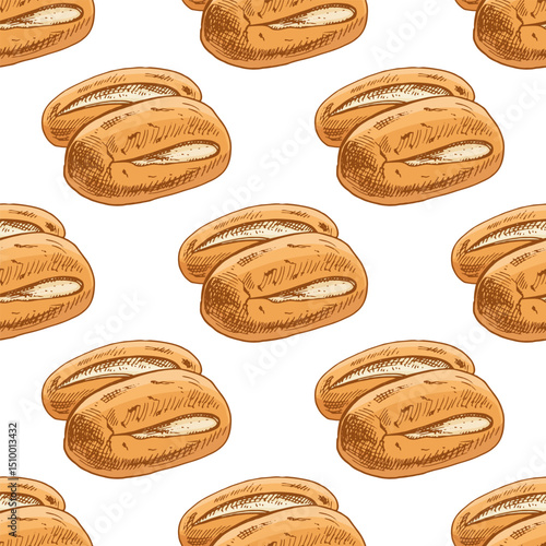 Hand drawn vintage seamless pattern of classic bread rolls with golden crust in color engraving style