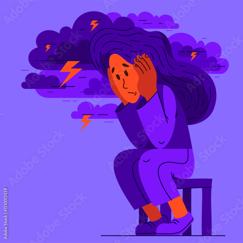 Young woman feeling stressed and uncomfortable, vector illustration of a person having mental disorder panic and anxiety, psychological problems.