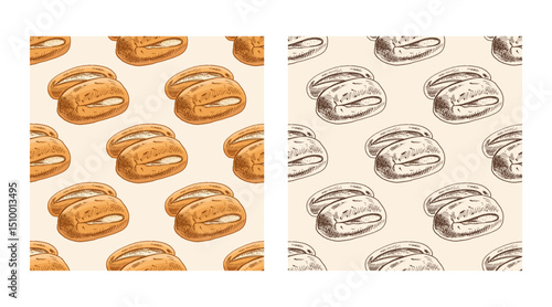 Hand drawn vintage seamless pattern of bread rolls with crusty tops in color ink engraving style