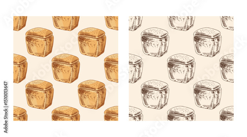 Hand drawn vintage seamless pattern of loaf bread in brown ink engraving style, color and monochrome version