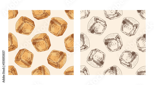 Hand drawn vintage seamless pattern of loaf bread in brown ink engraving style, color and monochrome version