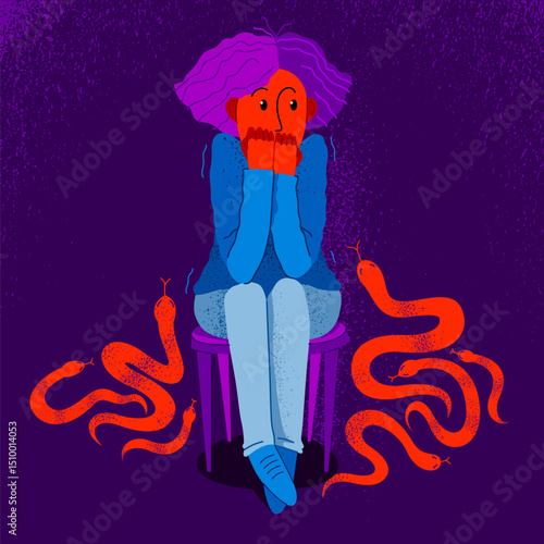 Herpetophobia fear of reptiles snakes and lizards vector illustration, girl surrounded by imaginary reptiles in panic attack and fear, mental health concept.