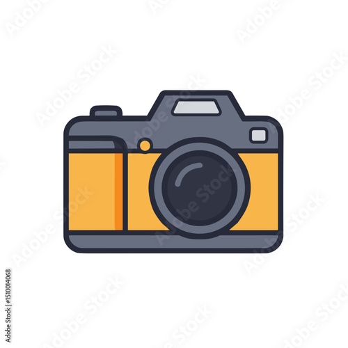 Yellow and gray camera with a large lens, photography concept
