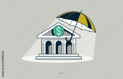 Umbrella with bank building...