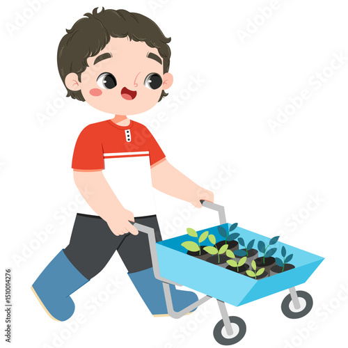 Cute asian boy is pushing garden cart with seedling inside in a summer