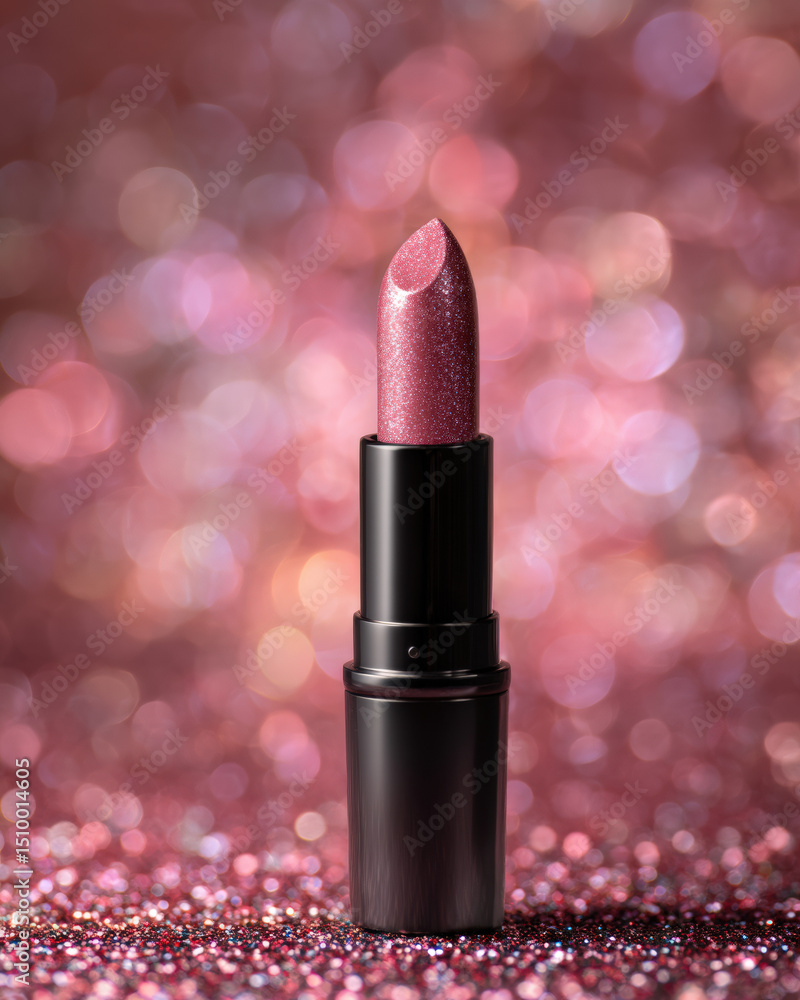 Shimmering lipstick stands elegantly against sparkling glitter background, radiating beauty and allure. soft pink hue and glittery finish evoke sense of glamour and sophistication Shimmering lipstick stands elegantly against sparkling glitter background, radiating beauty and allure. soft pink hue and glittery finish evoke sense of glamour and sophistication