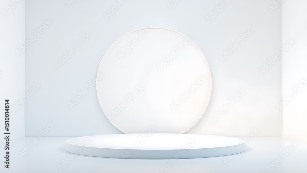 Fototapeta premium Minimalist white studio scene with circular platform and backdrop