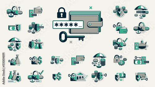 Safety of finances vector detailed icons set, financial risk, secured savings, protected bank account, insurance and privacy protection.