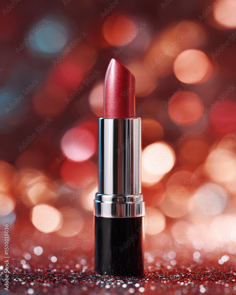 Vibrant lipstick stands elegantly against blurred background of shimmering lights, showcasing its rich red hue and glossy finish, perfect for adding touch of glamour to any look Vibrant lipstick stands elegantly against blurred background of shimmering lights, showcasing its rich red hue and glossy finish, perfect for adding touch of glamour to any look