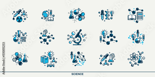 Science vector detailed icons set, school and university education bundle, scientific study and research, physics and chemistry.