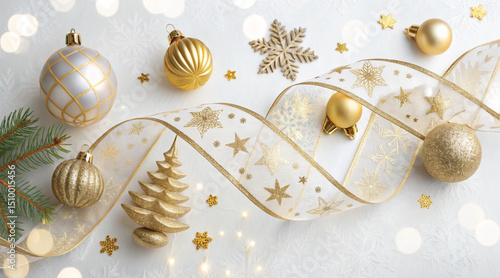 Golden Christmas baubles decorate a festive tree on a white background, perfect for holiday celebration