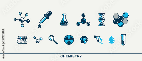 Chemistry vector detailed icons set, pharmacology and biochemistry science, molecules and flasks laboratory experiment.
