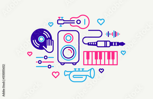 Music and recording studio vector detailed icon, sound producing and audio engineering bundle, playing instruments.
