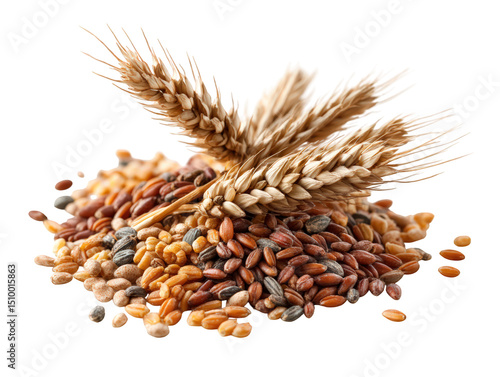 Mixed grains with wheat stalks create vibrant display of natural textures and colors, showcasing beauty of agricultural produce. This captures essence of wholesome grains