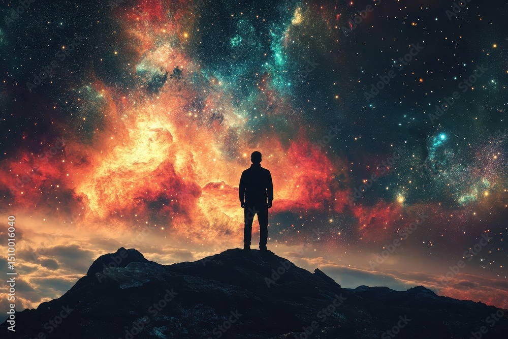 Fototapeta premium Man standing on mountain observing space galaxy in abstract background, man stand on space galaxy abstract Photo background ing scenery live wallpaper quality