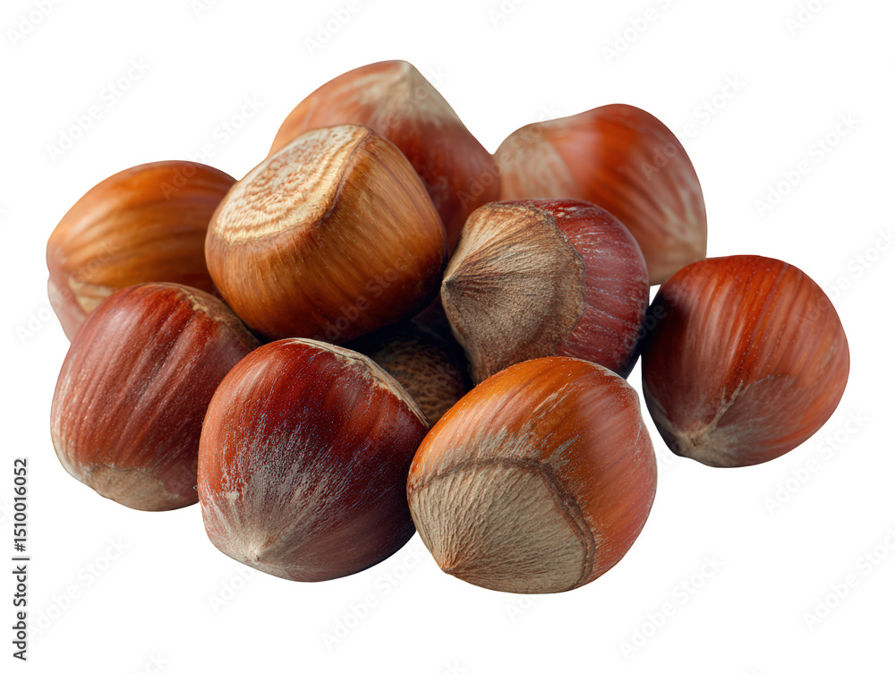 Natural whole hazelnuts arranged casually, showcasing their rich brown color and unique textures. These nuts are perfect for snacking or culinary uses, evoking sense of warmth and earthiness Natural whole hazelnuts arranged casually, showcasing their rich brown color and unique textures. These nuts are perfect for snacking or culinary uses, evoking sense of warmth and earthiness