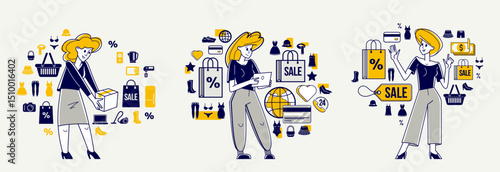 Shopping and discount vector outline illustration set, store worker managing goods or customer have a big choice and enjoying cheap prices, adviser consultant.