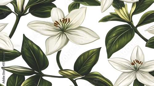 Elegant White Lilies Floral Seamless Pattern Botanical Illustration
