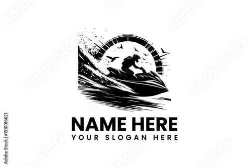 A dynamic vector logo jet ski stencil art with a powerful splash effect