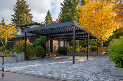 Modern carport with stylish design, surrounded by vibrant autumn foliage and well maintained landscape