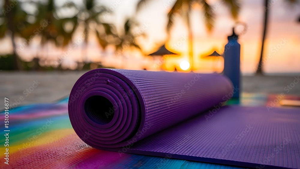 Yoga mat on a colorful surface at the beach during sunset with palm trees in the background, promoting health, fitness, and relaxation Yoga mat on a colorful surface at the beach during sunset with palm trees in the background, promoting health, fitness, and relaxation