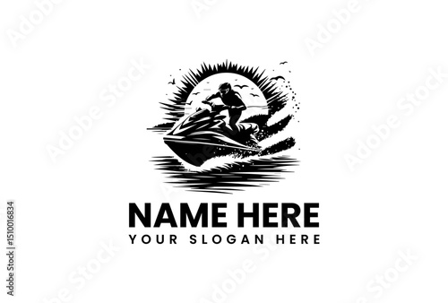 A dynamic vector logo jet ski stencil art with a powerful splash effect