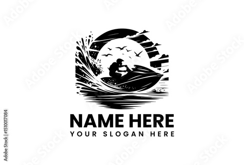 A dynamic vector logo jet ski stencil art with a powerful splash effect