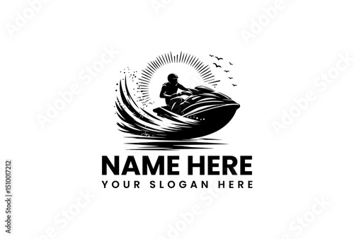 An energetic vector logo jet ski stencil art with a large splash effect