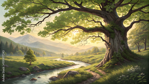 A quiet landscape of a bright spring forest, large trees with spreading branches and bright green leaves, steep mountains in the distance.