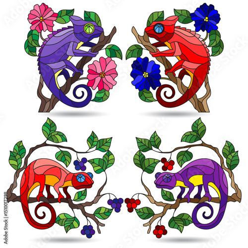An illustration in the style of a stained glass window with bright chameleons, bright animals isolated on a white background