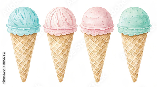 A sweet and delicious set of isolated ice cream cones in various cold summer flavors