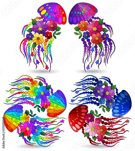 A set of stained glass illustrations with jellyfish, animals isolated on a white background