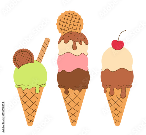 Three hand drawn icon of melted scoop of vanilla, classic creamy ice cream in waffle cone isolated on white background. Summer Creme Brulee, chocolate, strawberry, pistachio gelato. Flat vector EPS10