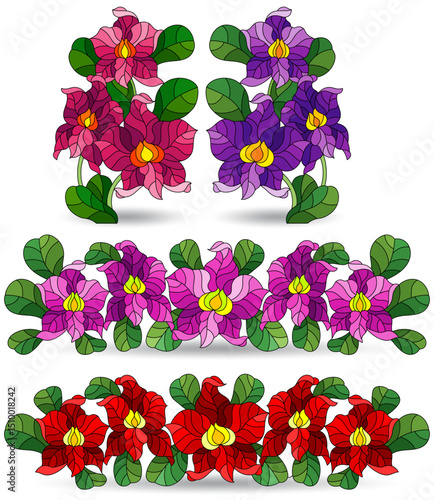 A set of stained glass illustrations with orchid flowers , flowers isolated on a white background
