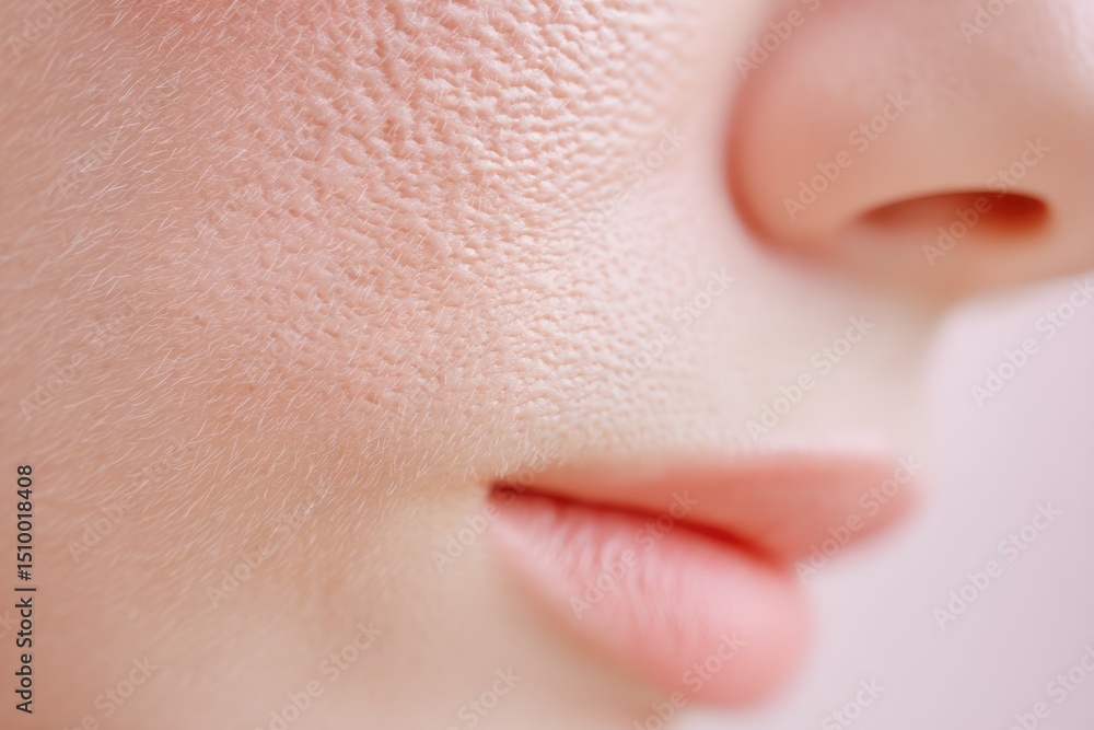 Fototapeta premium Close-up View of Pitted Acne Scars on a Soft Cheek, Showcasing the Texture and Appearance of the Skin, Ideal for Understanding Skin Conditions and Their Effects on Facial Beauty