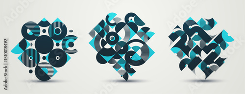 Abstract geometric design composition set, vector art wallpaper or background, geometry rectangular and circles graphics, stylish pattern collection.